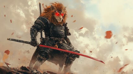 Lion samurai warrior with glowing red eyes