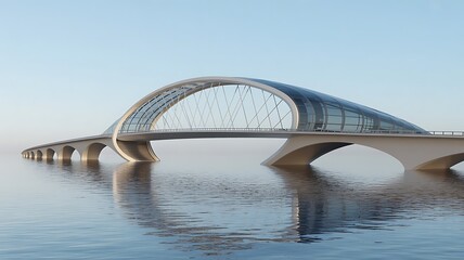 Obraz premium Futuristic Arch Bridge Water Reflection Elegant Engineering Infrastructure Design