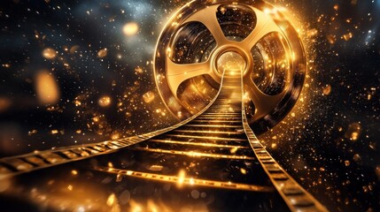 Movie film reel rolling on tracks with glowing effect
