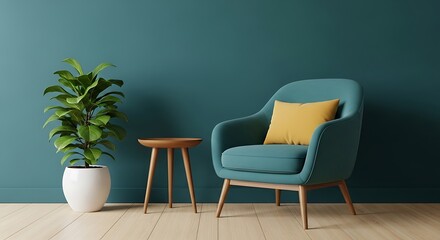 Modern Living Room Interior Design Teal Armchair Yellow Cushion Indoor Plant Decor Minimalist Furniture Wood Flooring Room Decor Home Decor Modern Style