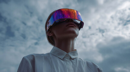 A woman wearing a vibrant futuristic visor gazes upwards under a cloudy sky. Her light colored shirt contrasts against the vivid hues of the visor