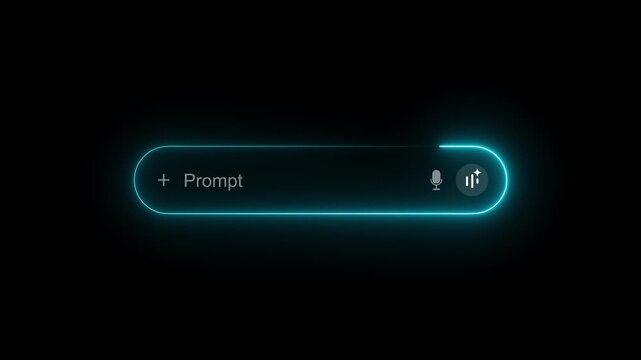 Cyan Neon Search Bar with Prompt Text and Microphone Icon on Black Background input field text box