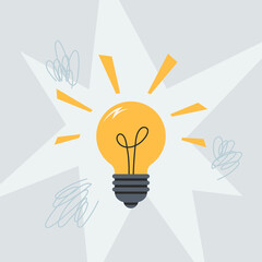 Hand drawn glowing light bulb. Concept of creative idea, mind and brainstorm, innovative solutions, inspiration, marketing. Minimalist design for infographic, poster, banner, print