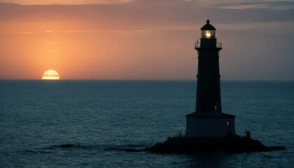 Silhouetted Lighthouse at Sunrise with Calm Ocean Water and Illuminated Sky.