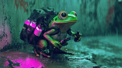 Frog with backpack holding weapon urban setting