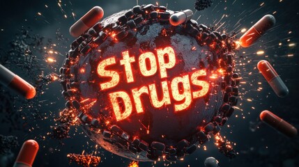 Stop drugs concept with pills and explosion