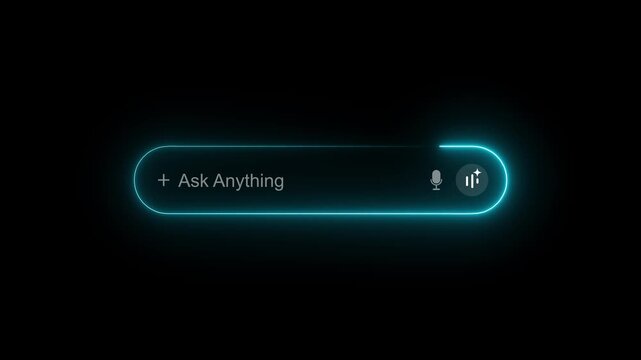 Cyan Neon Search Bar with Ask Anything Text and Microphone Icon on Black Background input field text box