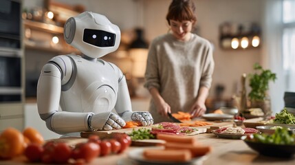 Robot prepares food with a woman in a bright kitchen setting.
