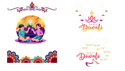 Diwali Decorative Pattern and Border Set | Mandala, Floral, and Ethnic Ornament Design, Happy Diwali Greeting Card Set | Festive Wishes and Typography Vector Bundle