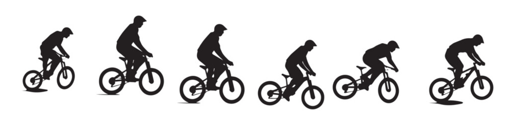Fototapeta premium jumping bicyclist silhouettes in black on white background