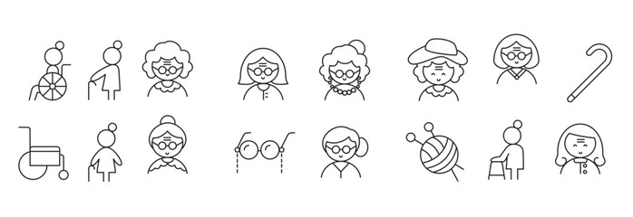 Elder woman, Grandmother icon set in thin line style