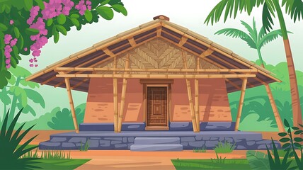 Obraz premium Traditional Village Home Illustration With Thatched Roof And Natural Surroundings Portrays Simplicity