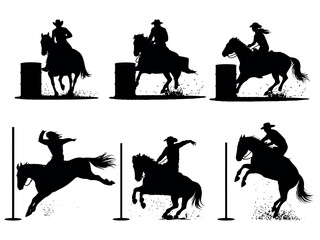 Silhouettes of a cowboy and cowgirl in various rodeo barrel racing and jumping poses on horseback, capturing dynamic equestrian action