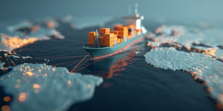 Cargo ship carrying containers sailing on a stylized world map with illuminated coastlines, concept for global logistics solutions, international import export and worldwide distribution network