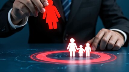 Man removes woman figure from family with red digital circle, concept of divorce and separation for legal or insurance footage. - Powered by Adobe