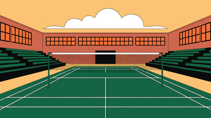 Illustration of an indoor badminton court with seating and a cloud shaped ceiling light fixture