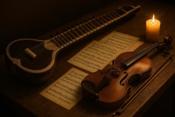 Still life featuring a violin, sitar, sheet music, and candle. The scene is illuminated by the soft glow of the candle. 
