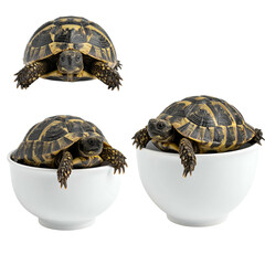 Fototapeta premium Three tortoises, one atop, two in white bowls, isolated against a transparent background