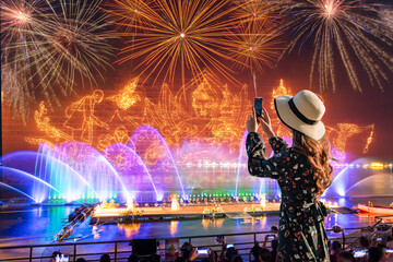 Light and sound show during the Ok Phansa Festival, Fire-boat festival in Nakhon Phanom Province, Thailand.