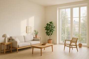 A stylish living room interior with natural light and minimalist furniture. The room has a modern design with a sofa, coffee table, chair, side table, and plants.
