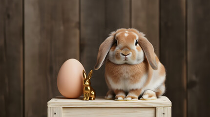 Adorable lopeared bunny sitting on a wooden crate next to a pastel egg and a golden rabbit figurine against a rustic wooden backdrop, celebrating easter