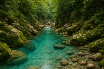 Fototapeta premium A clear river flows through a lush, green gorge, offering a serene view