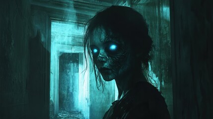 Eerie portrait of a spectral figure in a dimly lit hallway