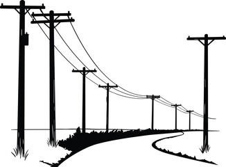 Utility poles along curved rural road, power lines perspective, infrastructure landscape, electrical distribution system, countryside energy supply, stylized black blue illustration,