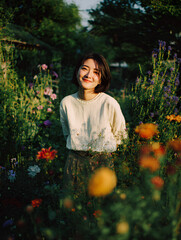 Woman smiling at the camera. She is standing in the backyard of her home. Blur effect in the backgraund