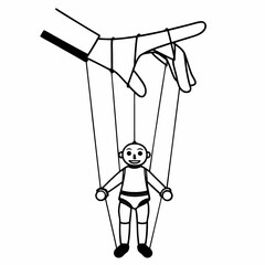 A vector puppet controlled by threads for arms and legs, which delights small children.