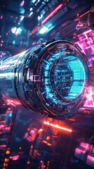 Futuristic cylindrical structure in a neon lit environment