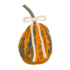 Charming autumn pumpkin with a tied pink bow. The concept of an autumn Thanksgiving or Halloween. Vector isolated illustration