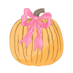 Charming autumn pumpkin with a tied pink bow. The concept of an autumn Thanksgiving or Halloween. Vector isolated illustration