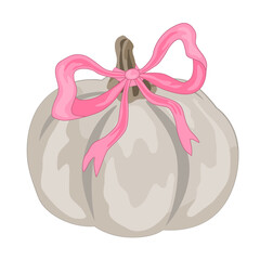 Charming autumn pumpkin with a tied pink bow. The concept of an autumn Thanksgiving or Halloween. Vector isolated illustration