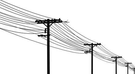 Utility poles with multiple power lines, electricity distribution infrastructure, urban energy grid, industrial power transmission, high voltage cables, electrical engineering,