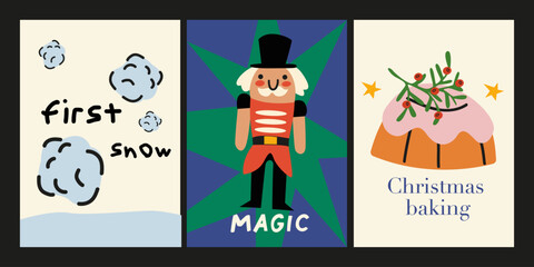 Merry Christmas vector cards set in retro cartoon style for poster, print, wall decor. Celebration, winter festive elements. Christmas and New Year greeting cards