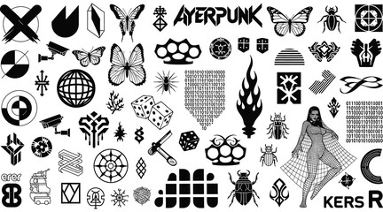Vector art of a collection of various black and white vector elements, including abstract shapes, symbols, and icons, perfect for adding a unique touch to graphic design projects and illustrations