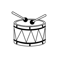 A painted toy drum with two sticks, ready to play.