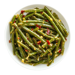Spicy Garlic Green Beans in a White Bowl with Red Pepper Flakes for a Flavorful Side Dish on transparent background