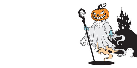 Ghostly pumpkin-headed figure with a staff, standing before a haunted house silhouette. Perfect for spooky season.