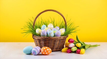 A charming easter basket overflowing with colorful eggs and fresh green grass, accompanied by a vibrant bouquet of tulips against a bright yellow background