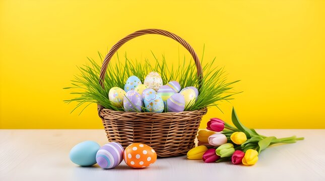 A charming easter basket overflowing with colorful eggs and fresh green grass, accompanied by a vibrant bouquet of tulips against a bright yellow background - Powered by Adobe