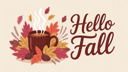 Illustration of a mug with steam, surrounded by autumn leaves and pinecones, with hello fall text