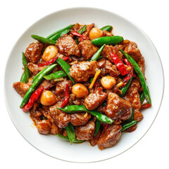 Flavorful Stir-Fried Beef with Green Peppers and Chili Peppers in a White Bowl on transparent background