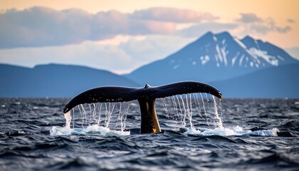 Whale tail emerging from calm ocean water, dramatic sunset, and snow-capped mountains