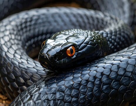 Close-up of a black snake, coiled.  Its glossy black scales and bright orange eyes are prominent.  The snake's head is angled towards the viewer