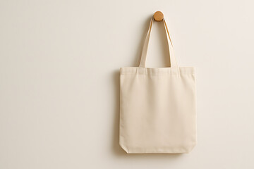 Beige canvas tote bag hanging on wall mockup