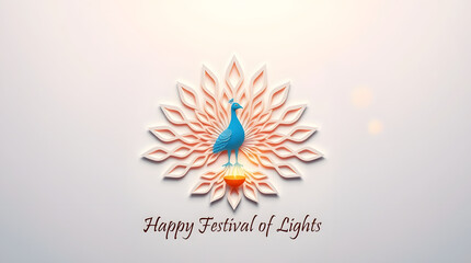 A blue peacock with abstract light-orange feathers radiates peace and light, embodying the elegance of Diwali.
