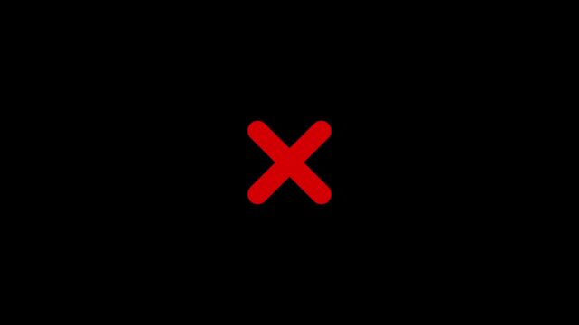 Animated A red 'x' mark on a white background. Refus, cancel, rejection, wrong choice sign. Symbol on a white background, chroma key. Motion graphics of cross concept.