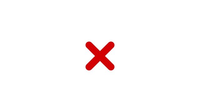 Animated A red 'x' mark on a white background. Refus, cancel, rejection, wrong choice sign. Symbol on a white background, chroma key. Motion graphics of cross concept.